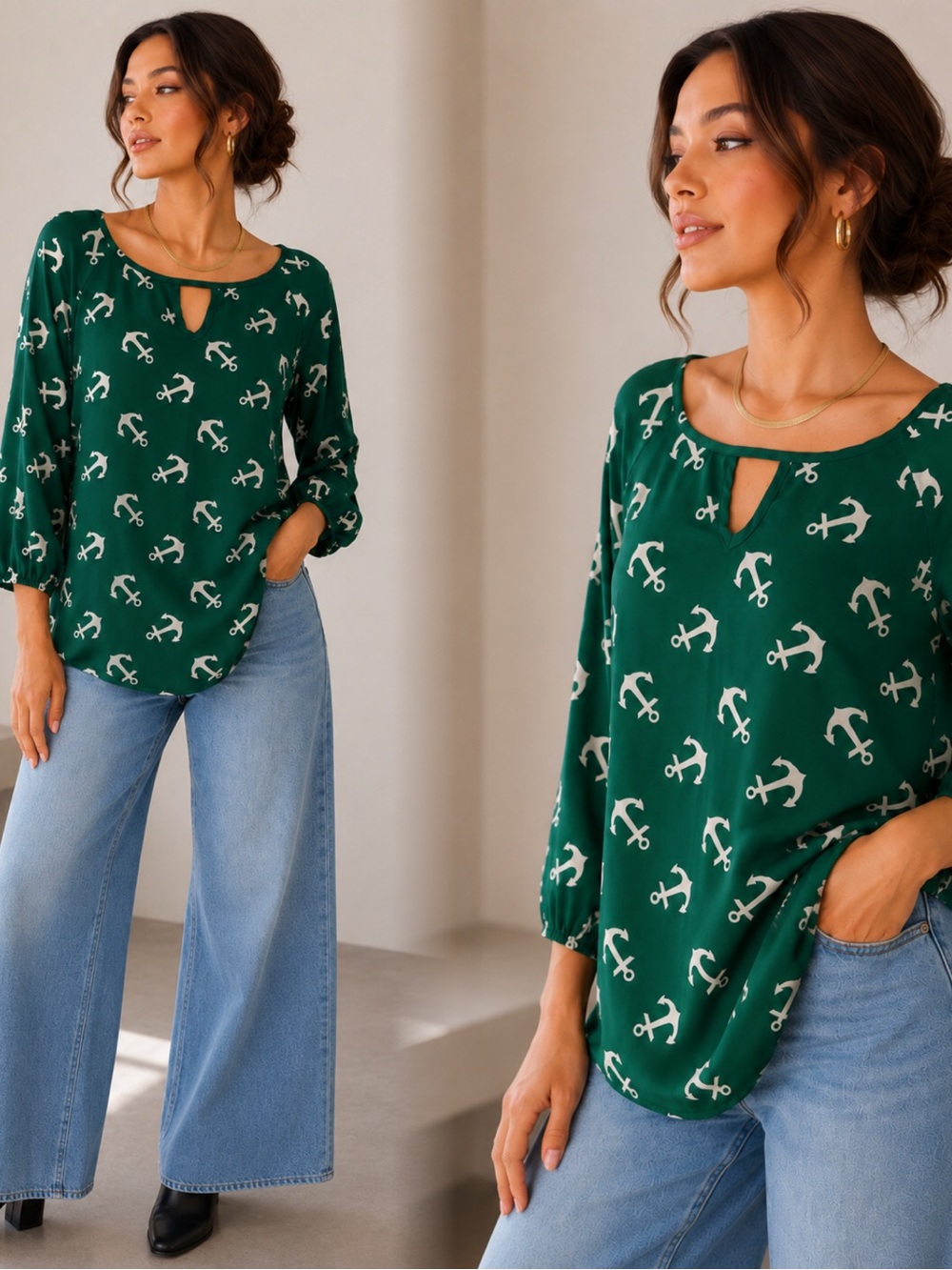 Everly Green Anchor Print Keyhole Blouse